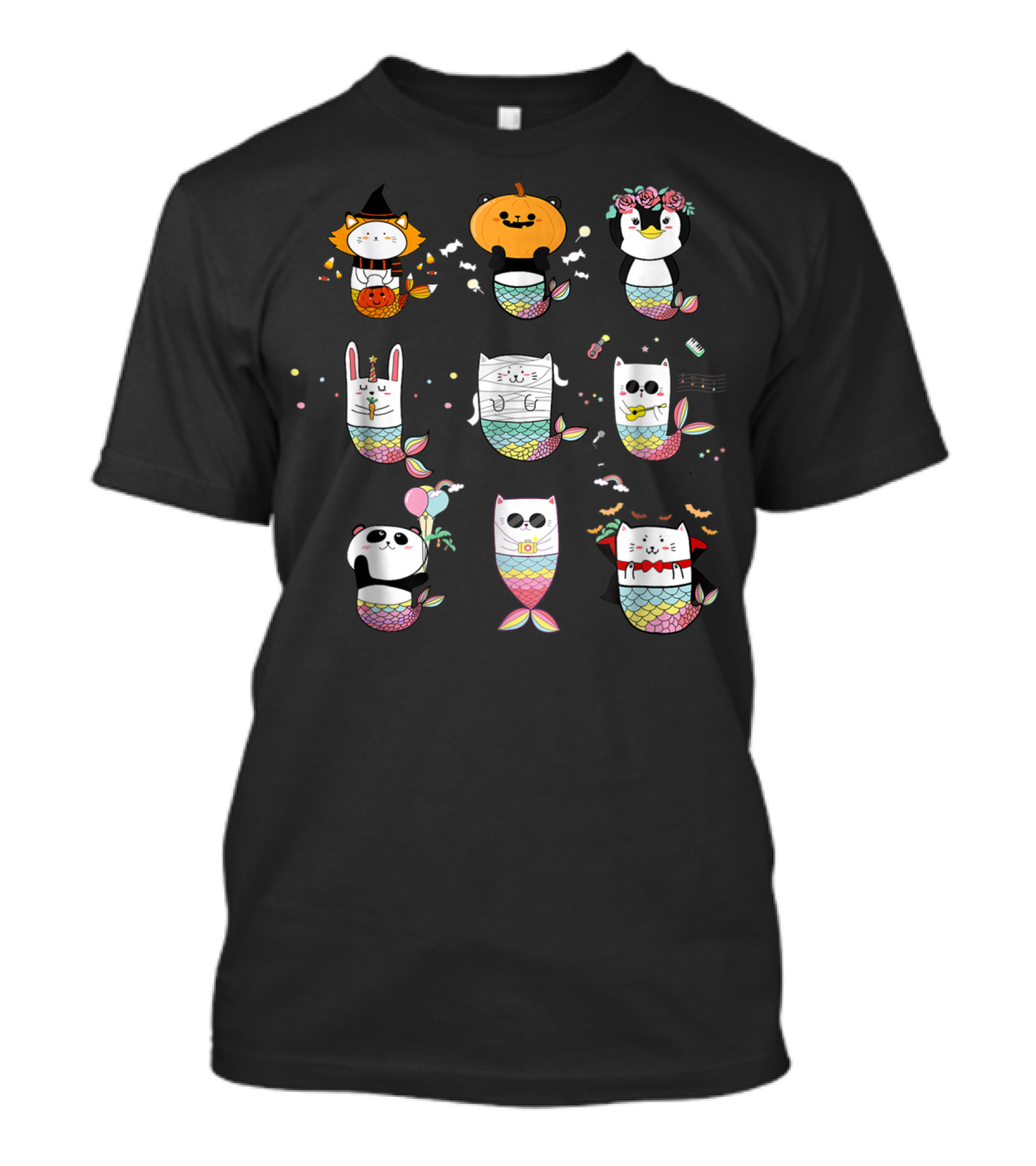 Halloween Mermaid Lovers Cute Animals Emoji Cat Penguin Rabbit Panda Pumpkin T-Shirt