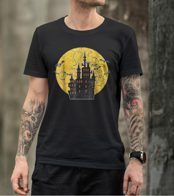 Halloween Haunted Castle With Bats And Full Moon T-Shirt