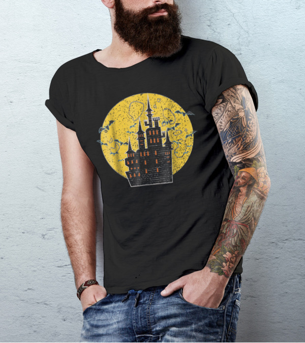 Halloween Haunted Castle With Bats And Full Moon T-Shirt