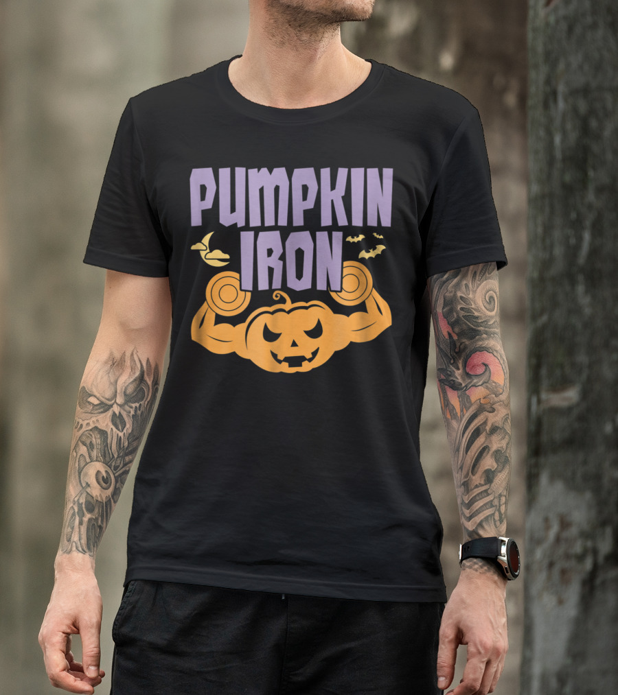 Pumpkin Iron Halloween October Gym Workout With Strong Muscular Jack-O'-Lantern And Bats T-Shirt
