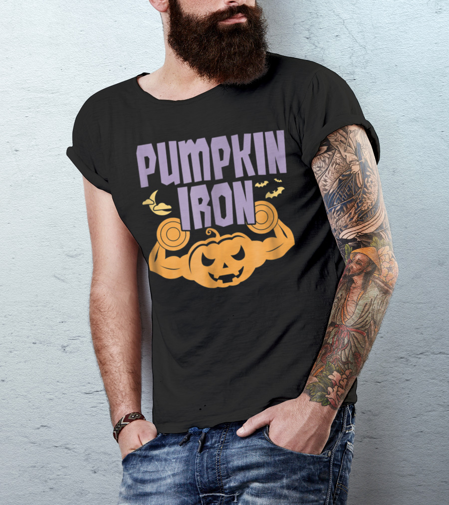Pumpkin Iron Halloween October Gym Workout With Strong Muscular Jack-O'-Lantern And Bats T-Shirt