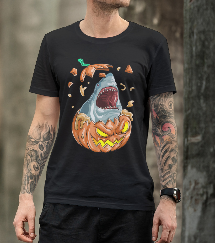 Halloween Pumpkin Shark Party Funny Burst Explosion T-Shirt