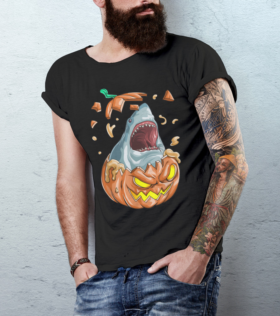Halloween Pumpkin Shark Party Funny Burst Explosion T-Shirt
