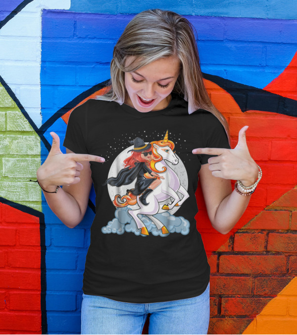Halloween Witch Unicorn For Girls Riding Mystical Creature In Moonlit Sky T-Shirt