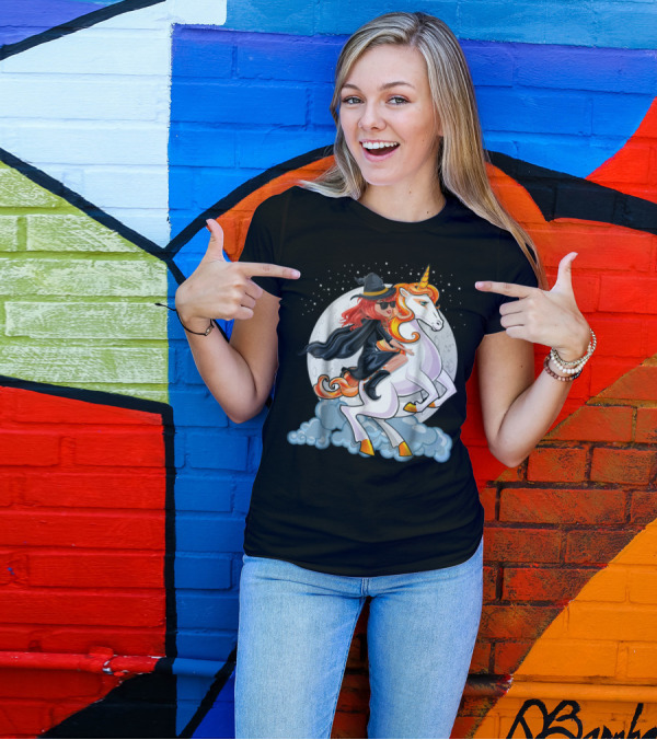 Halloween Witch Unicorn For Girls Riding Mystical Creature In Moonlit Sky T-Shirt