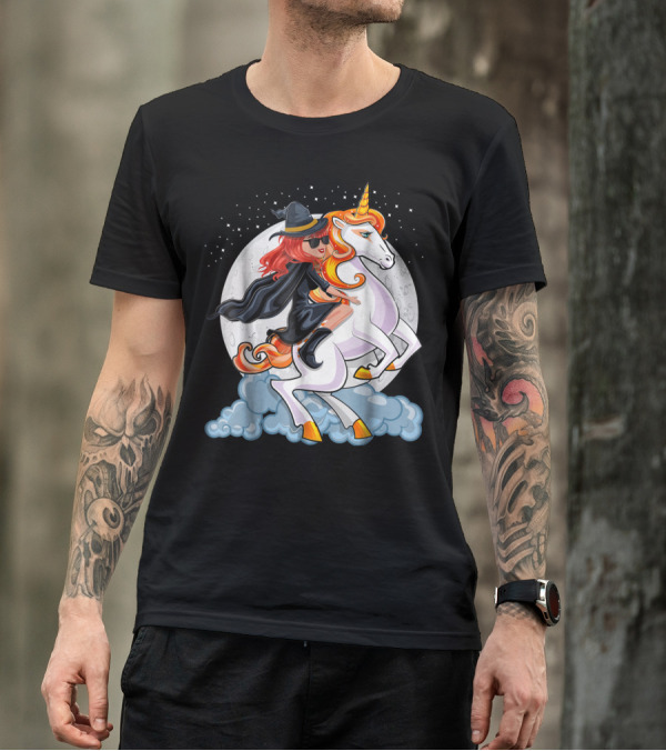 Halloween Witch Unicorn For Girls Riding Mystical Creature In Moonlit Sky T-Shirt
