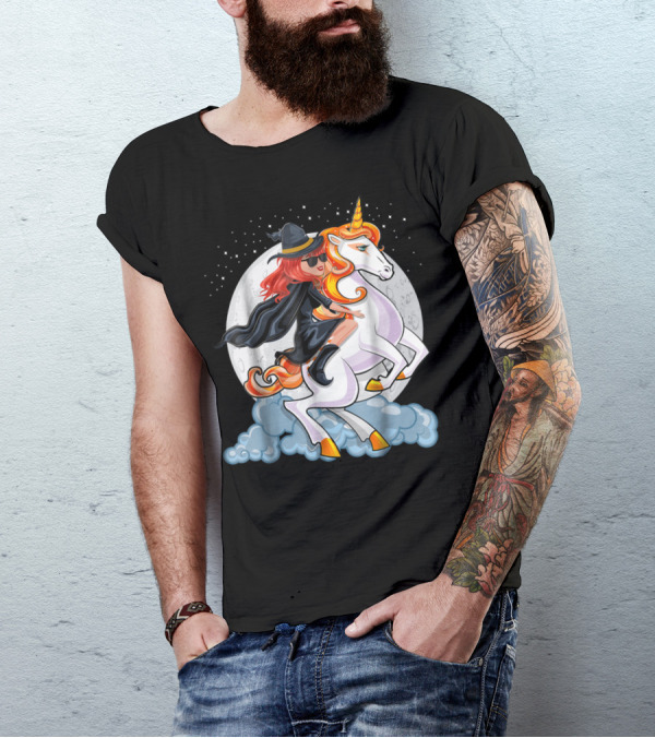 Halloween Witch Unicorn For Girls Riding Mystical Creature In Moonlit Sky T-Shirt