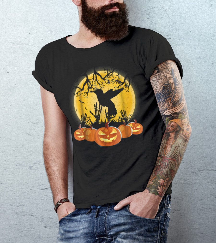 Halloween Hummingbird With Jack-O'-Lanterns And Spooky Skeleton Hands T-Shirt
