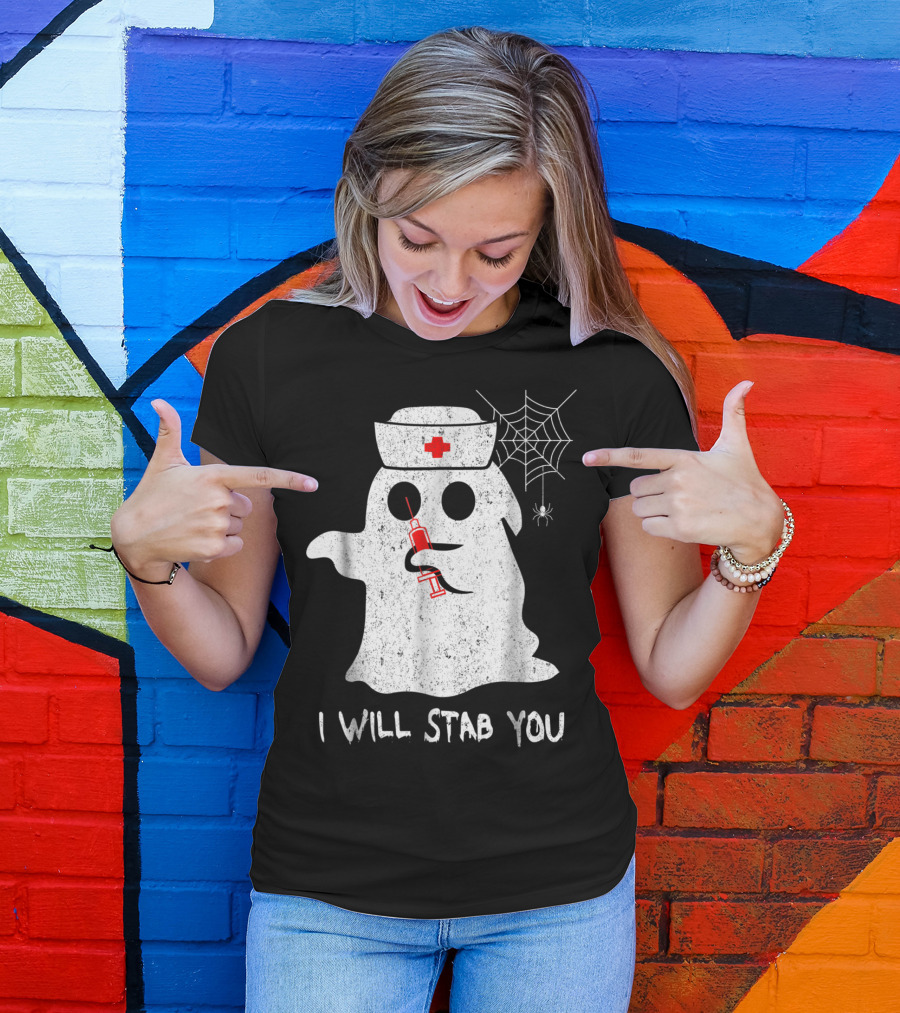 I Will Stab You Nurse Ghost Syringe Spiderweb T-Shirt