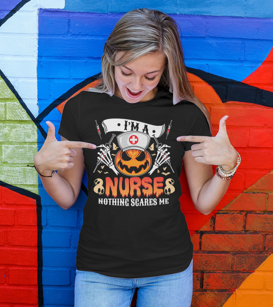 I'M A NURSE NOTHING SCARES ME Halloween Pumpkin Skeletons T-Shirt