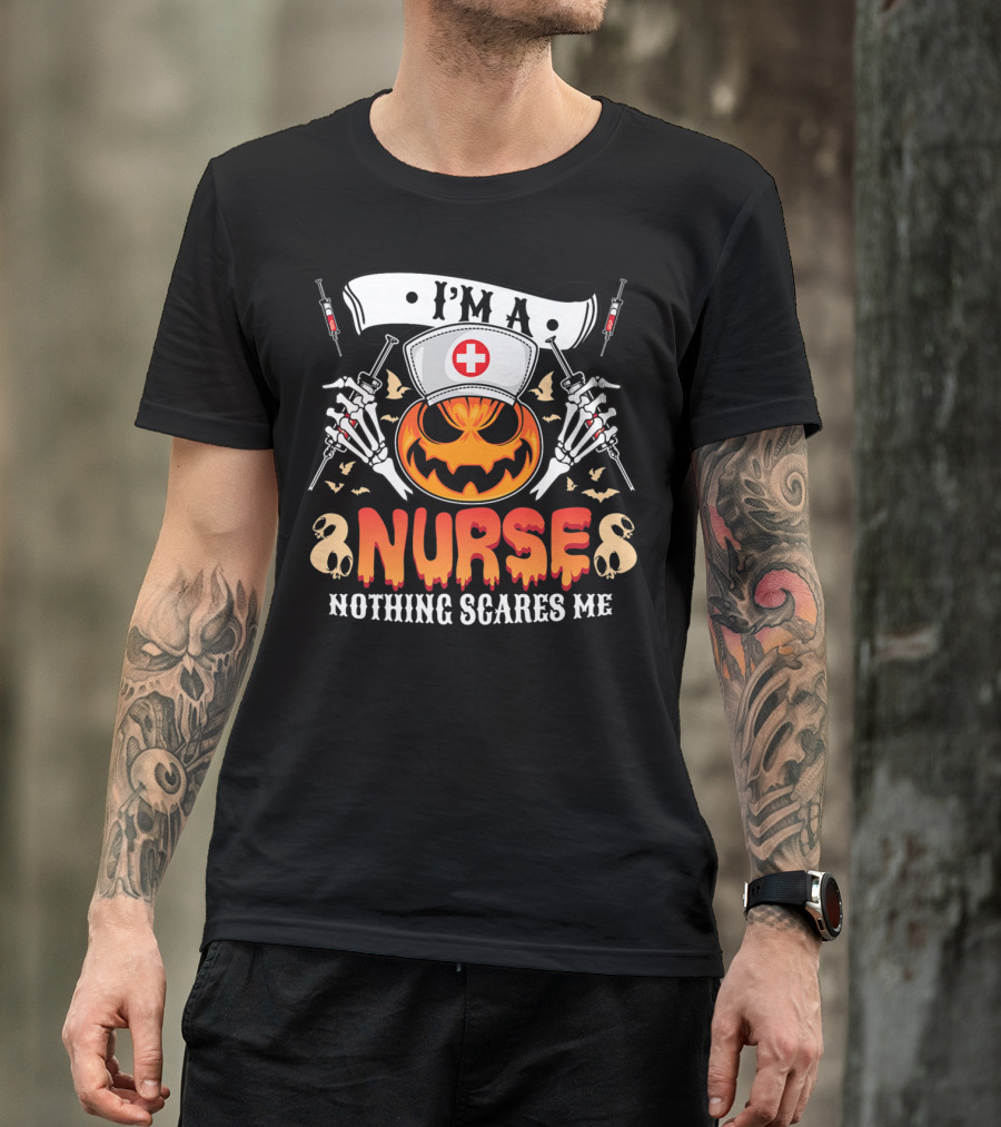 I'M A NURSE NOTHING SCARES ME Halloween Pumpkin Skeletons T-Shirt