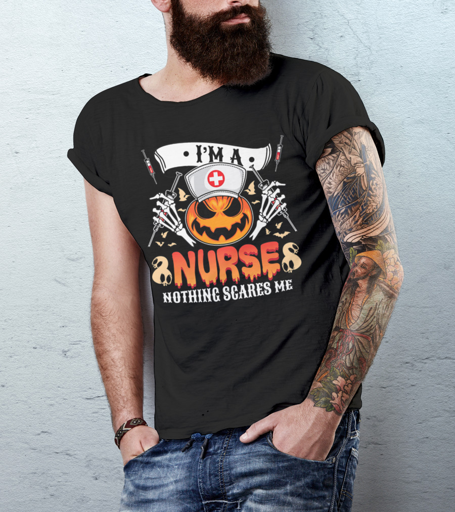 I'M A NURSE NOTHING SCARES ME Halloween Pumpkin Skeletons T-Shirt
