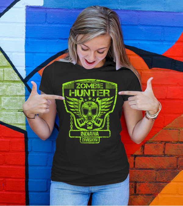Zombie Hunter Indiana Division Gas Mask Winged Badge T-Shirt