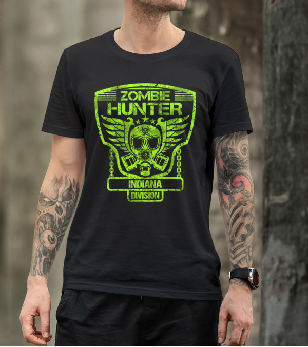 Zombie Hunter Indiana Division Gas Mask Winged Badge T-Shirt