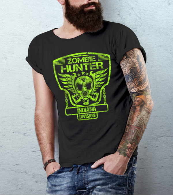 Zombie Hunter Indiana Division Gas Mask Winged Badge T-Shirt