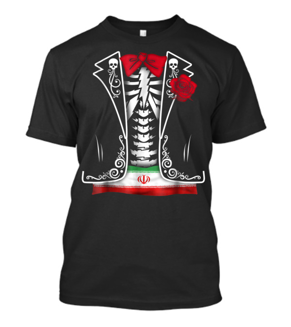 Iran Skeleton Tuxedo Jacket Red Rose Skull Ribcage T-Shirt