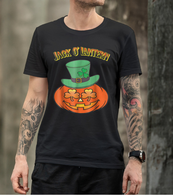 Irish Jack O' Lantern Shamrock Hat Pumpkin With Shamrock Eyes T-Shirt