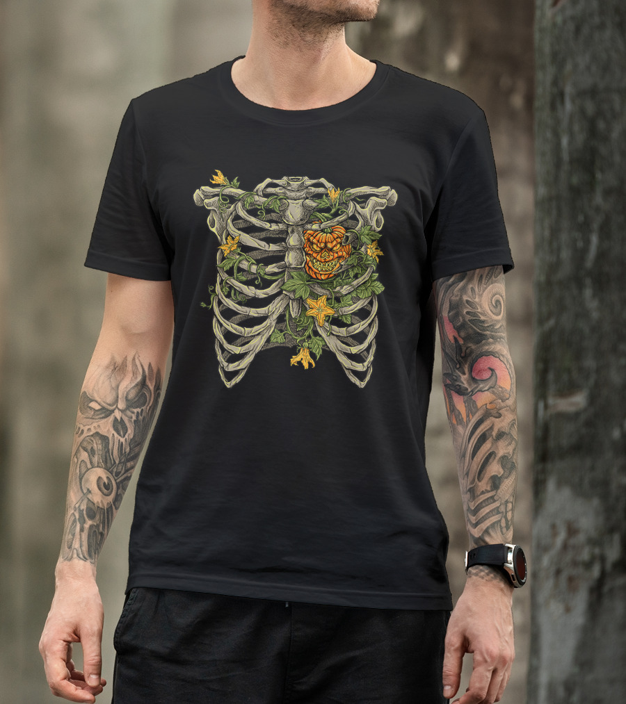 Jackolantern Heart Ribcage Vines And Flowers T-Shirt