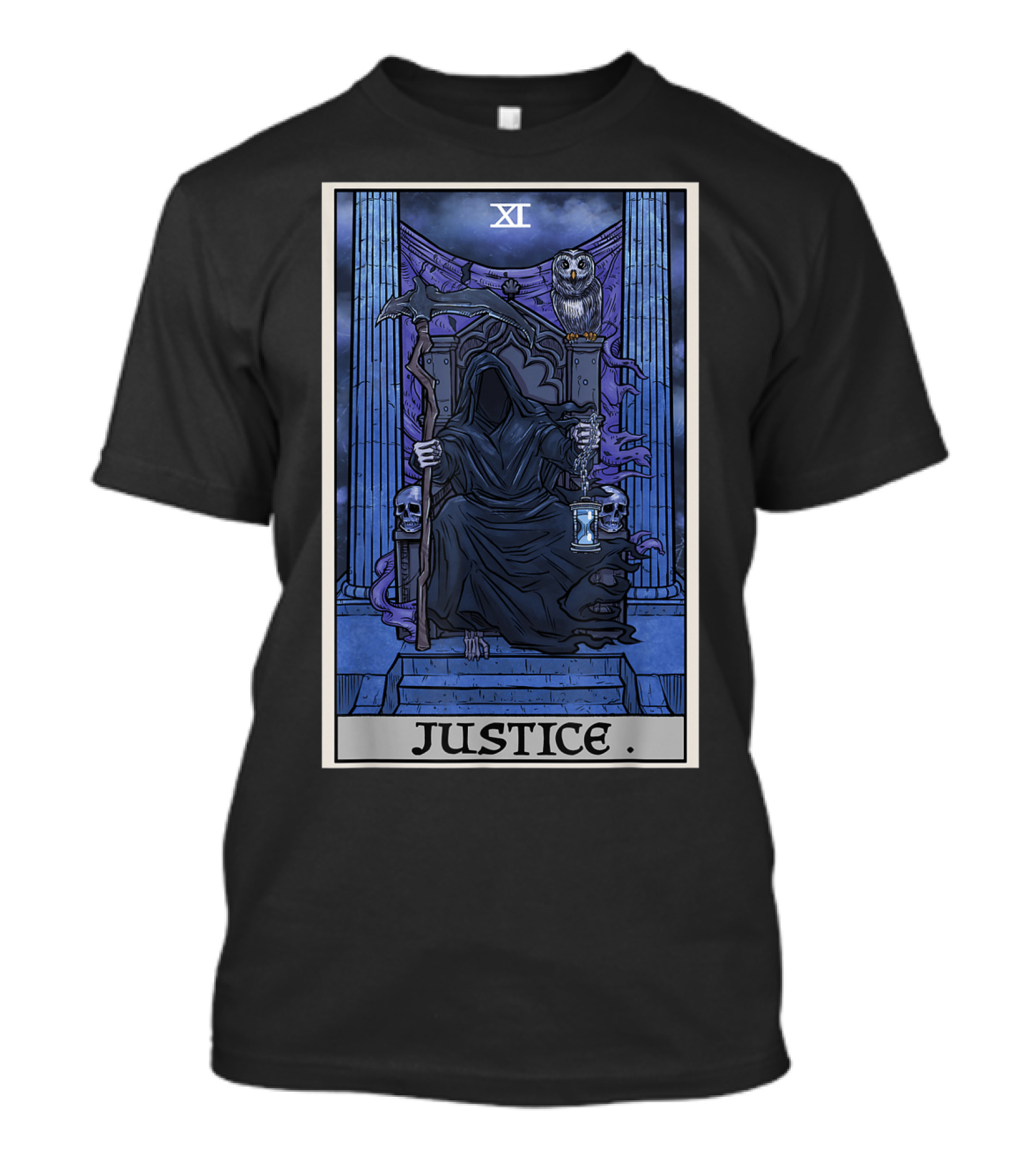 Justice Tarot Card XI Grim Reaper With Scythe And Owl T-Shirt