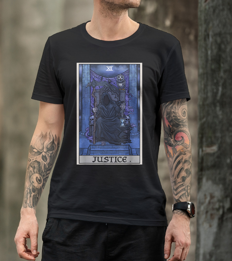 Justice Tarot Card XI Grim Reaper With Scythe And Owl T-Shirt