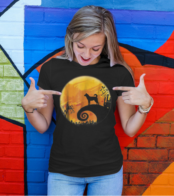 Korean Jindo Dog Halloween Spiral Hill Silhouette Moon Scene T-Shirt