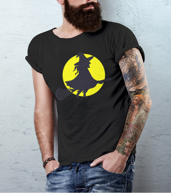 Lacrosse Witch Silhouette Flying Broomstick Full Moon T-Shirt