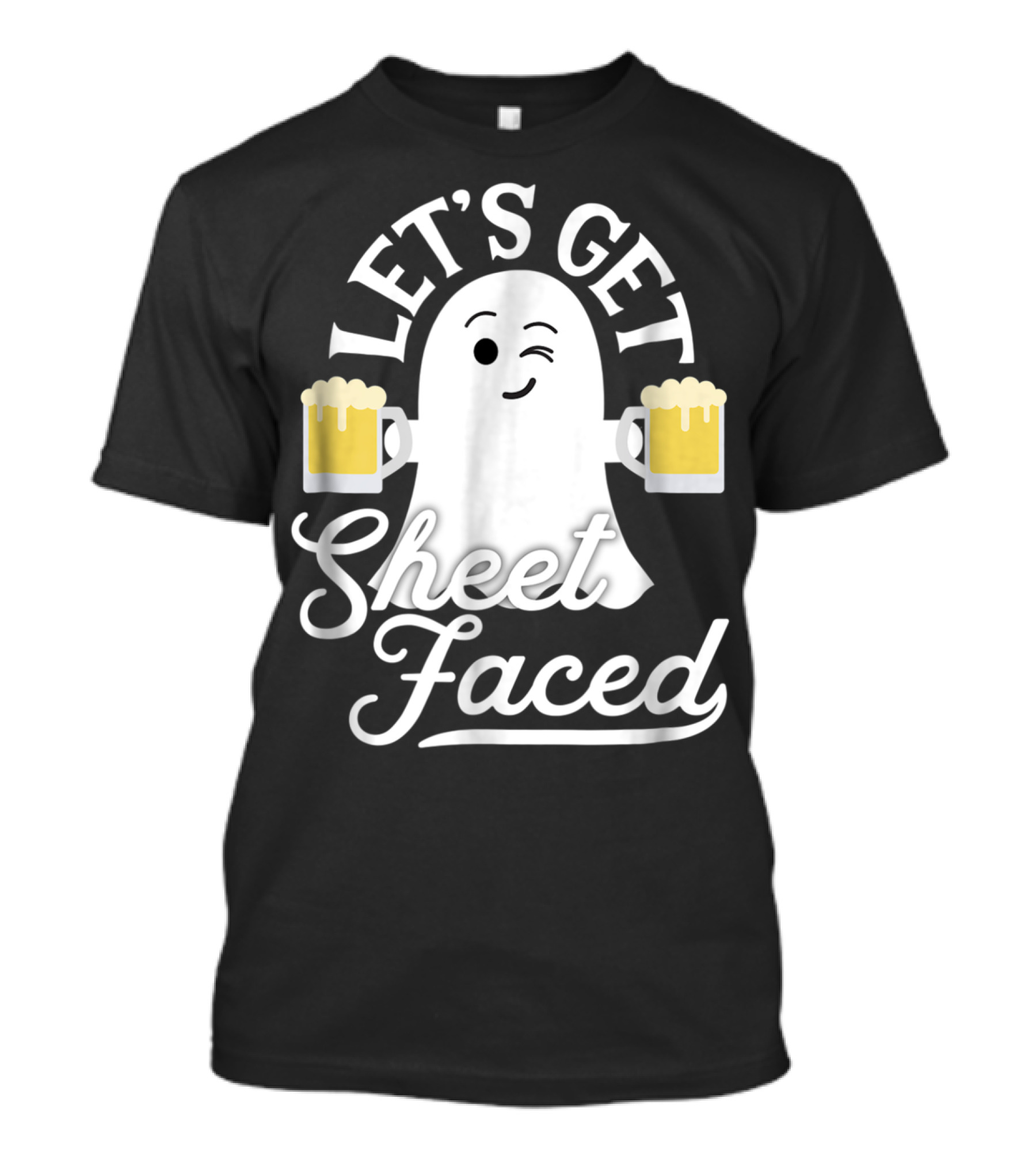 Let's Get Sheet Faced Ghost Holding Beer Mugs Halloween Fun T-Shirt