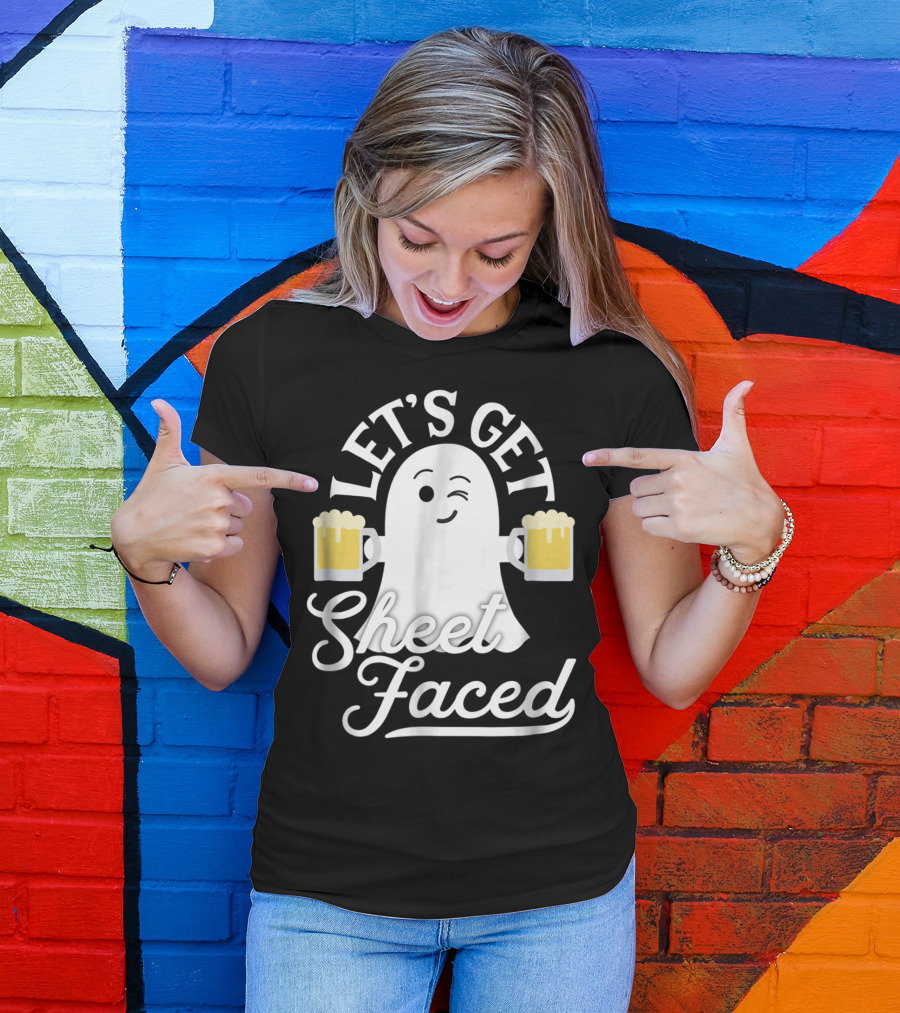 Let's Get Sheet Faced Ghost Holding Beer Mugs Halloween Fun T-Shirt