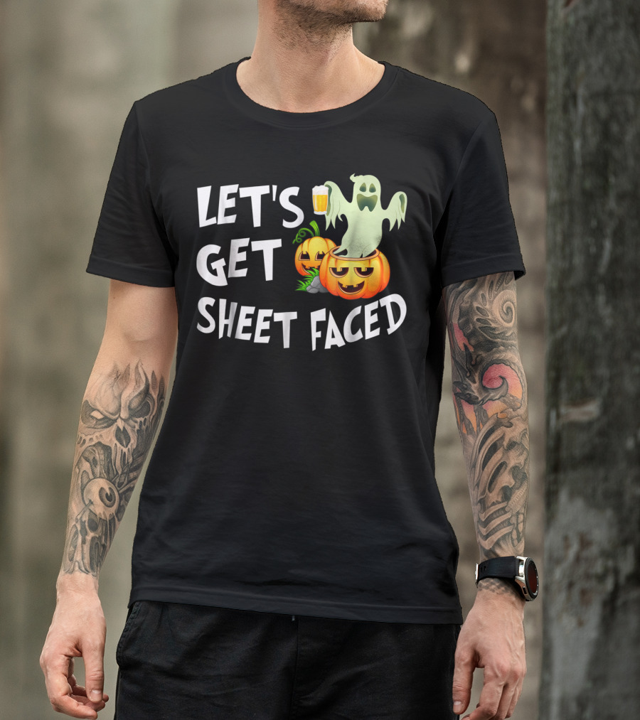Let's Get Sheet Faced Ghost Drinking Beer Jack O'Lanterns Halloween T-Shirt