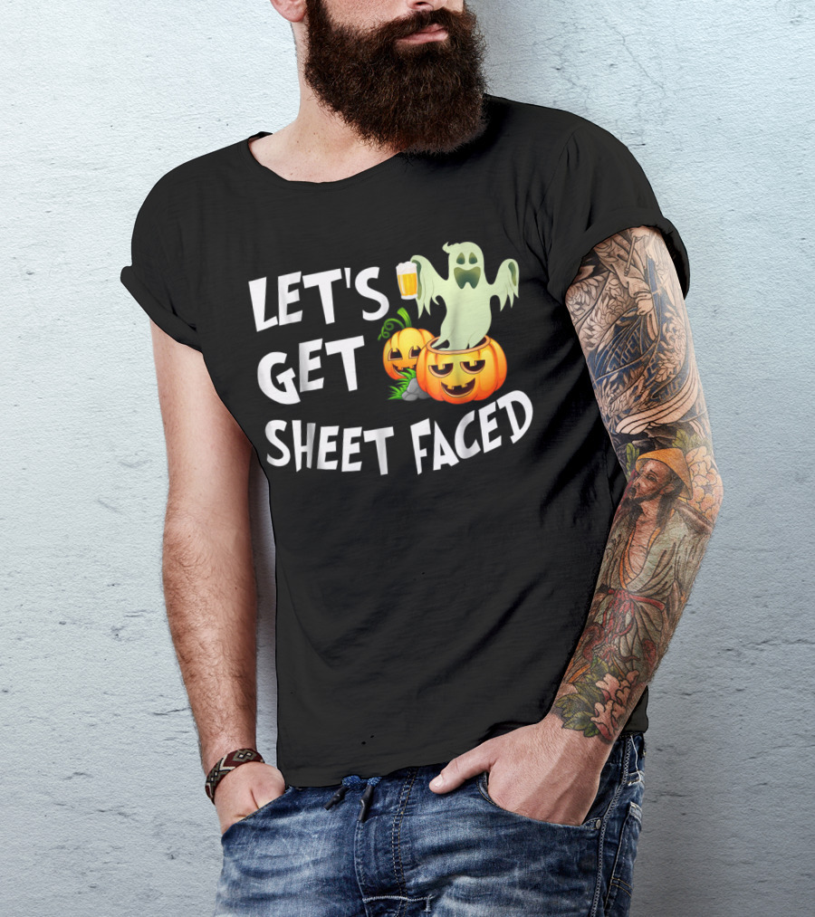 Let's Get Sheet Faced Ghost Drinking Beer Jack O'Lanterns Halloween T-Shirt
