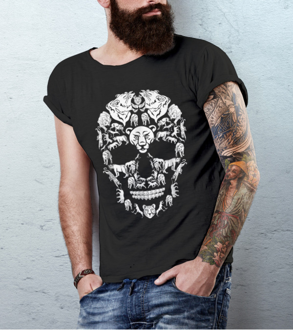 Lioness Skull Skeleton Artful Lion And Lioness Face Tiger Jaguar Panther And Animal Arrangement T-Shirt