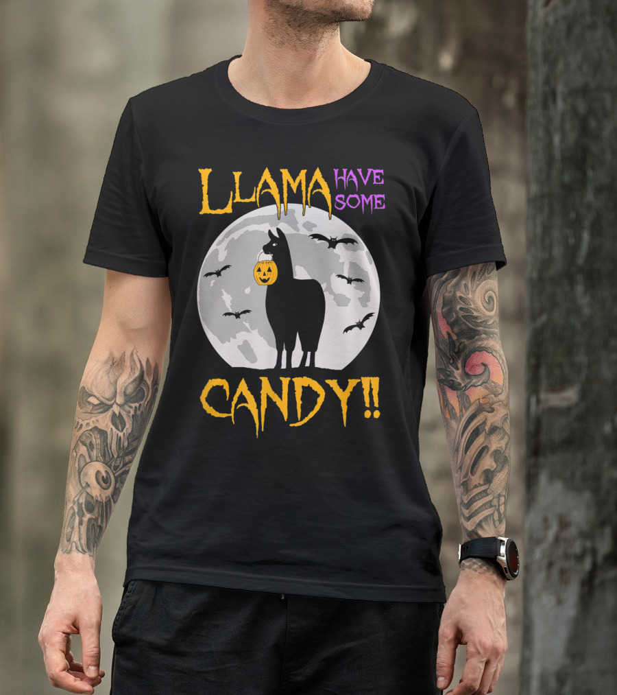 Llama Have Some Candy Moon Silhouette With Bats T-Shirt