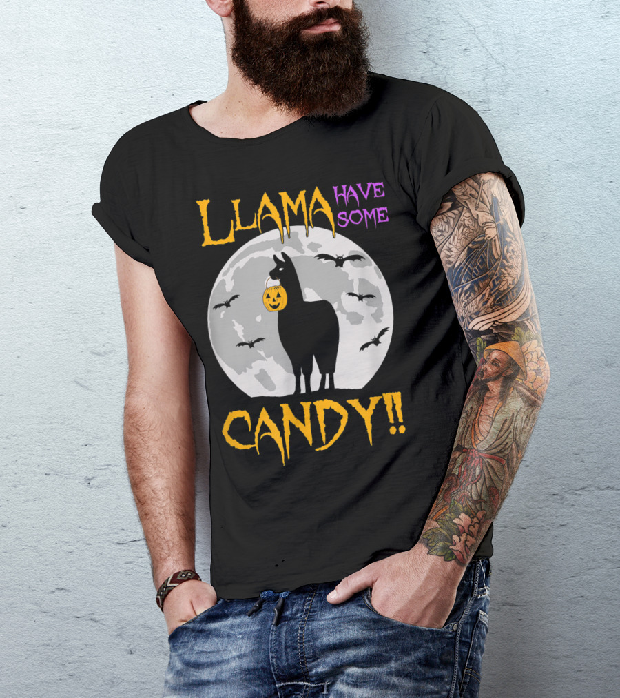 Llama Have Some Candy Moon Silhouette With Bats T-Shirt