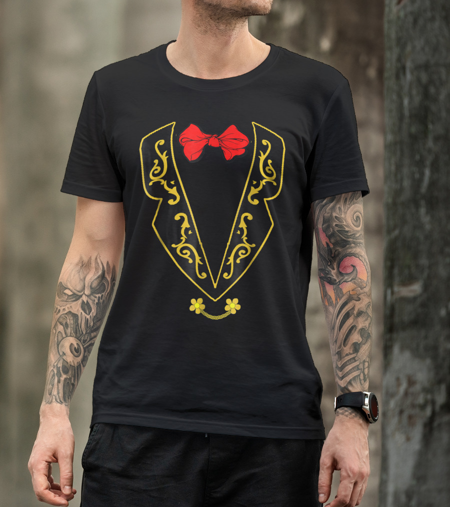 Victorian Gothic Magician Style Red Bow Black Gold Fleur-de-Lis Chain T-Shirt