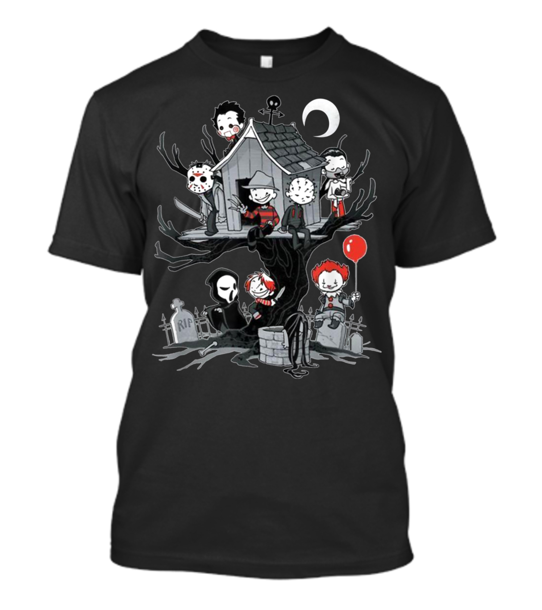 Maniac Park Horror Movie Icon Characters On Creepy Treehouse Scene T-Shirt