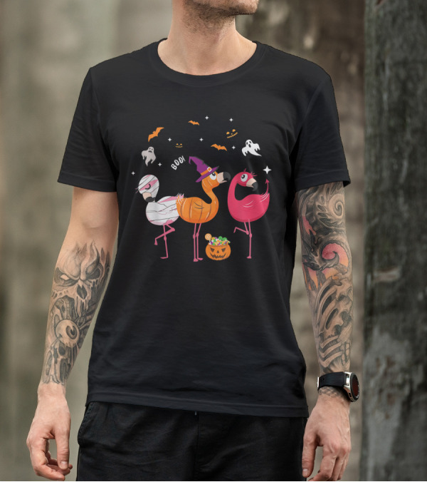 Mens Funny Three Flamingoes Halloween Costumes Boo T-Shirt