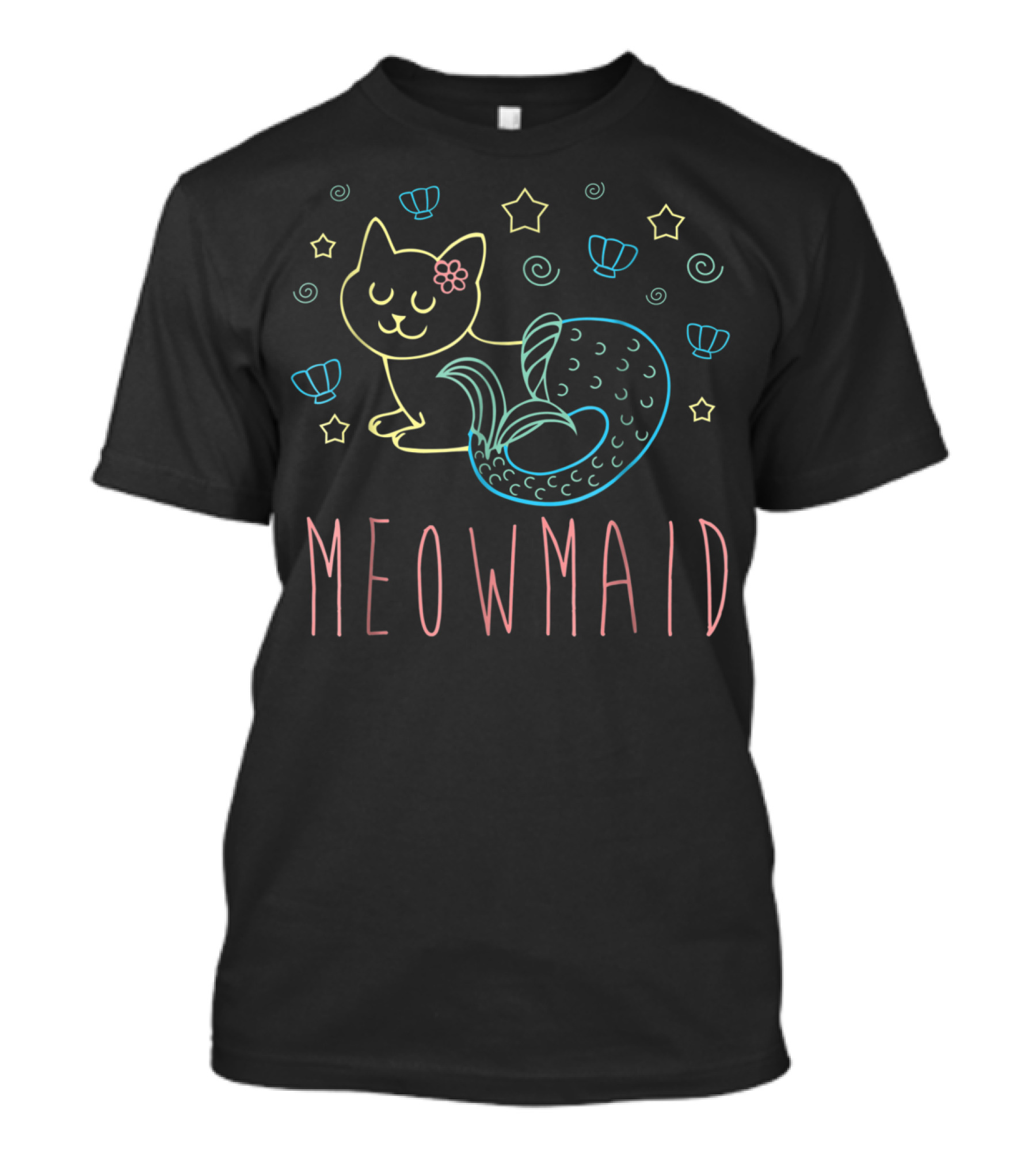 Meowmaid Cat Mermaid With Stars And Shells T-Shirt