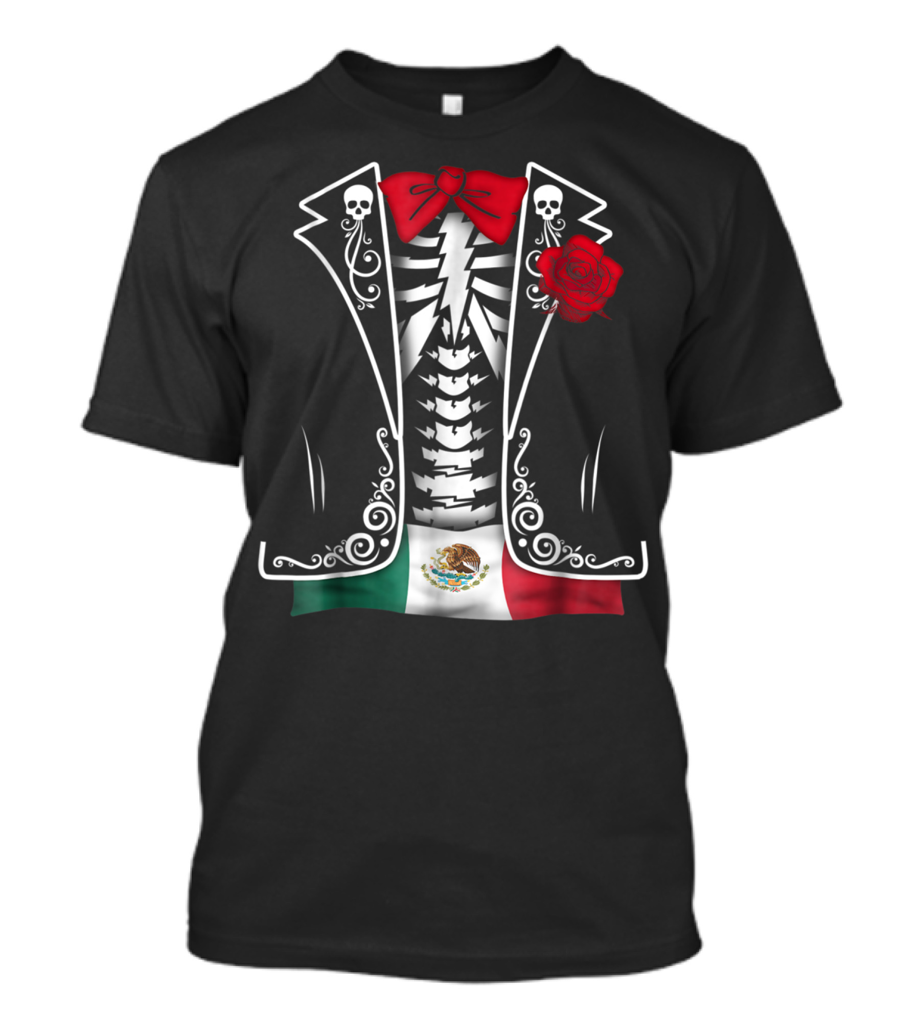 Mexico Flag Skeleton Tuxedo Jacket With Skull Bow Tie And Rose T-Shirt