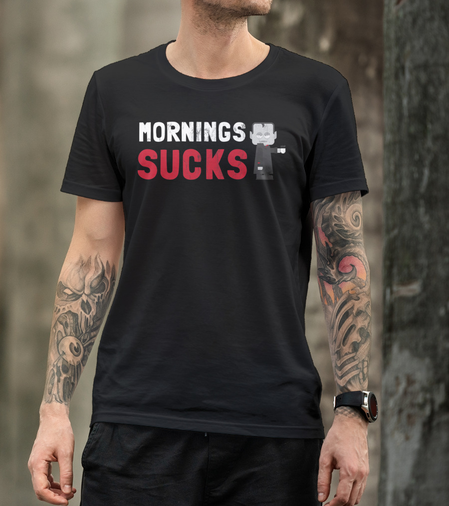 Mornings Suck Cute Vampire Holding Coffee Cup T-Shirt