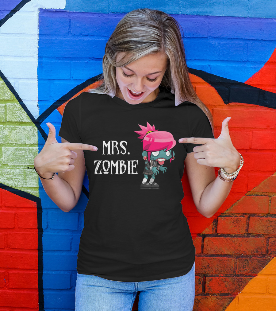 Mrs Zombie Halloween Couples Mr And Mrs Pink Hair Cartoon T-Shirt