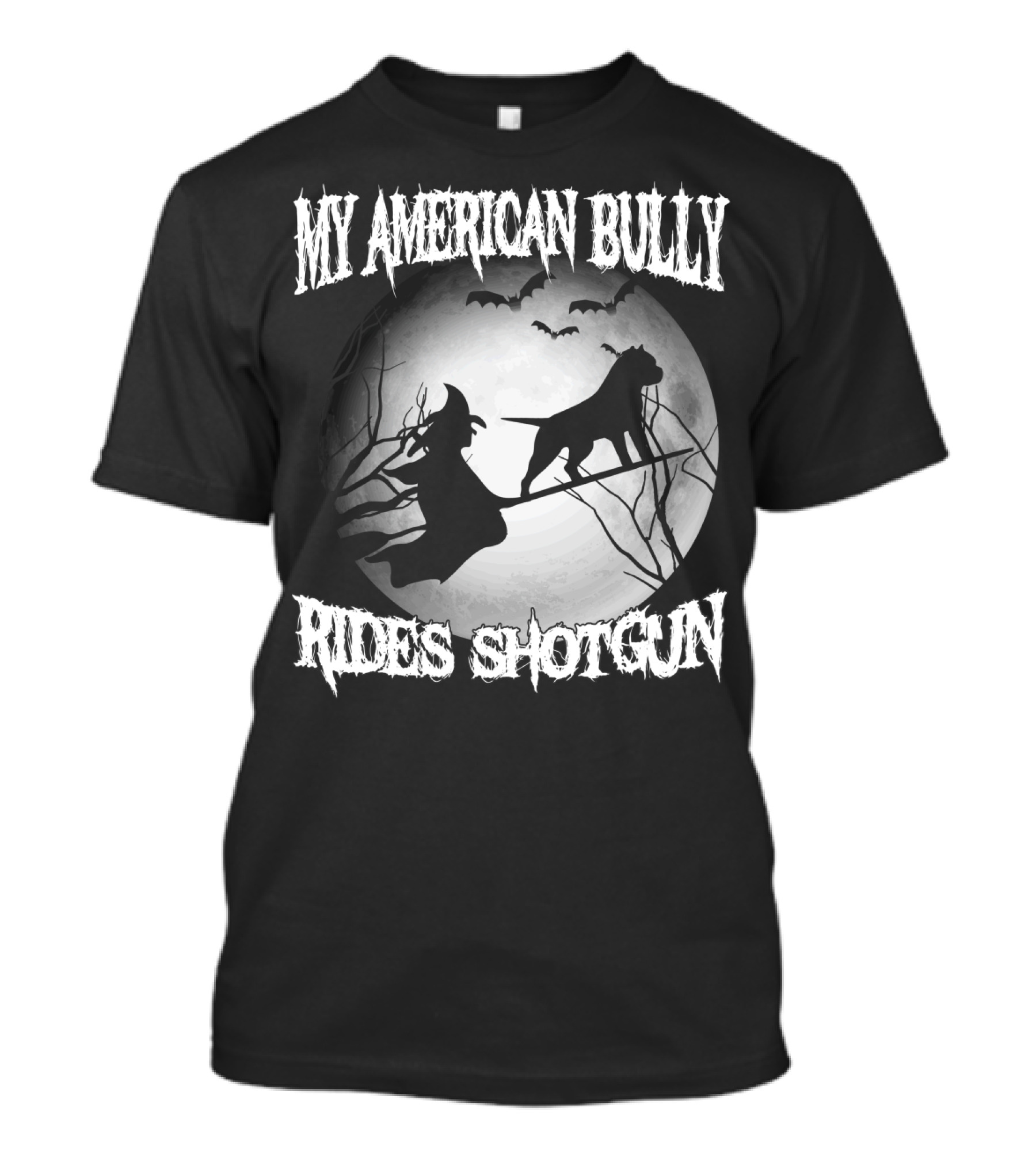 My American Bully Rides Shotgun Witch Moon Bats Halloween Scene T-Shirt