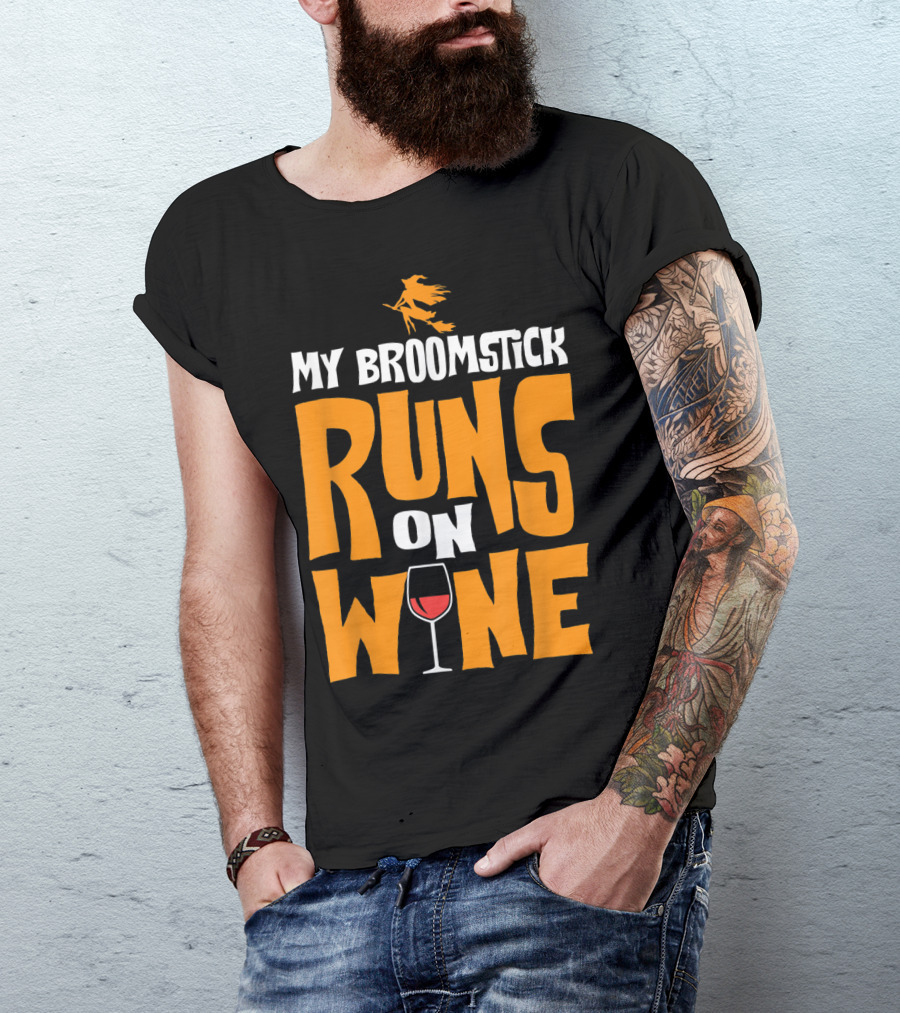 My Broomstick Runs On Wine Witch Flying Above Glass T-Shirt