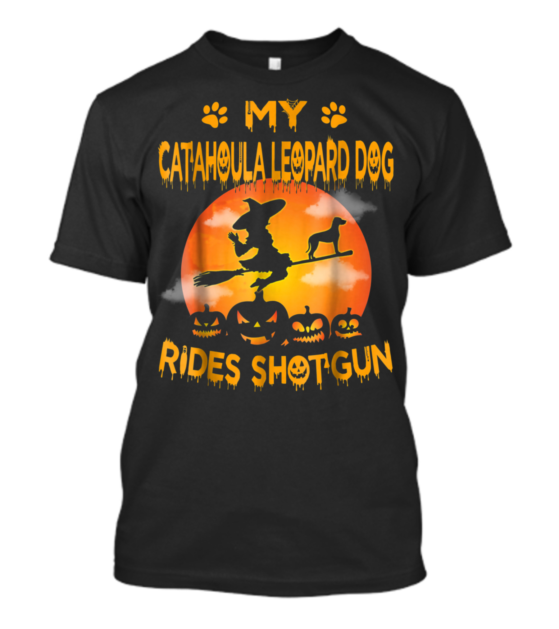 MY CATAHOULA LEOPARD DOG RIDES SHOTGUN Halloween Witch Broomstick Pumpkins T-Shirt