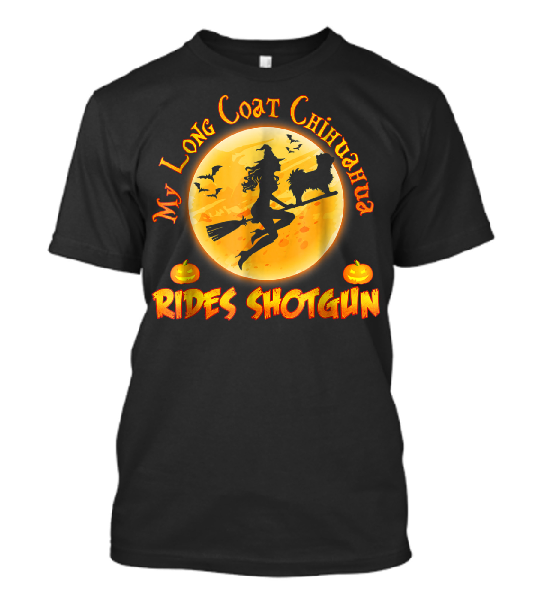 My Long Coat Chihuahua Rides Shotgun Halloween Witch Broom T-Shirt