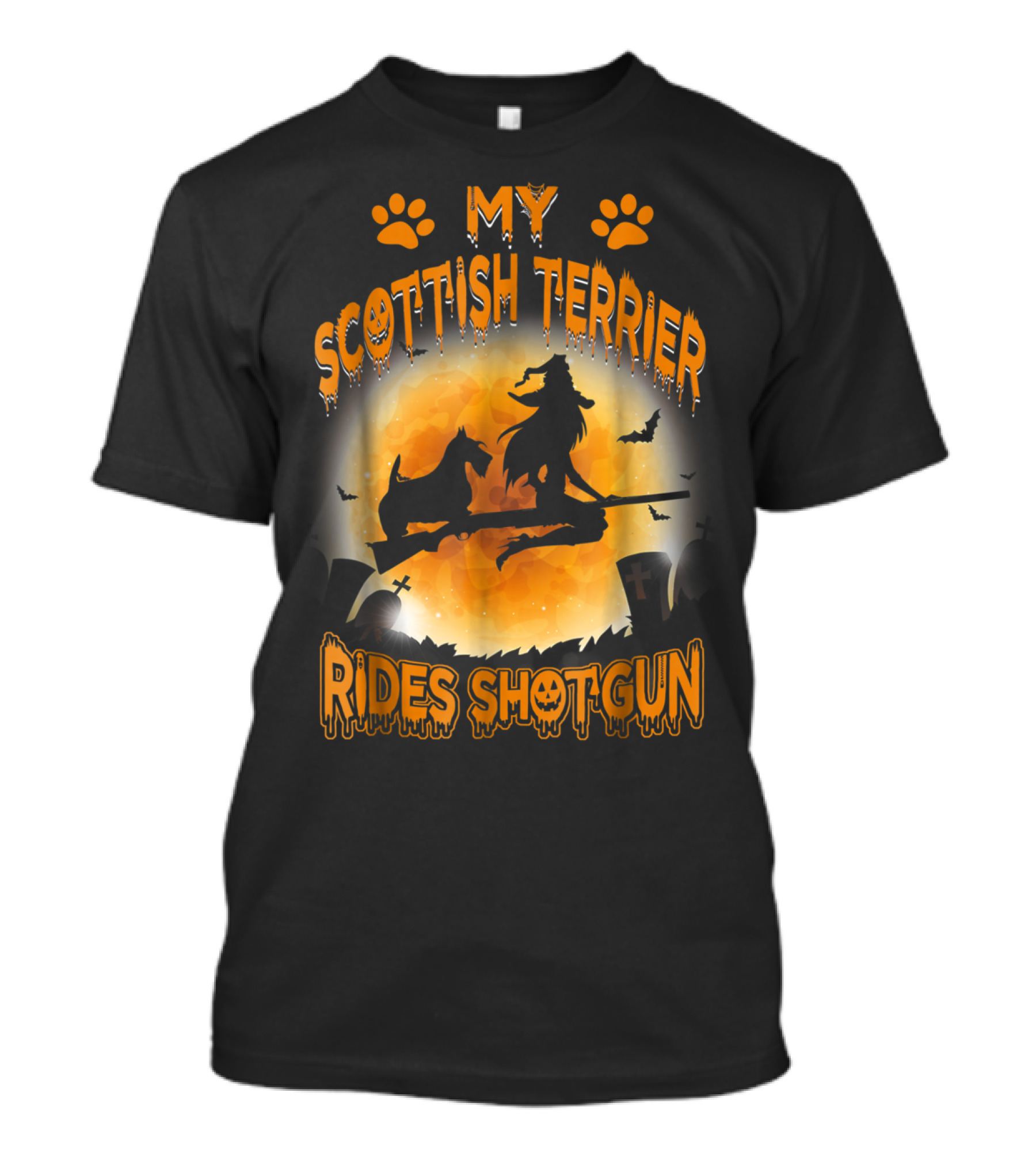 My Scottish Terrier Rides Shotgun Witch Halloween Moon Paw Prints T-Shirt
