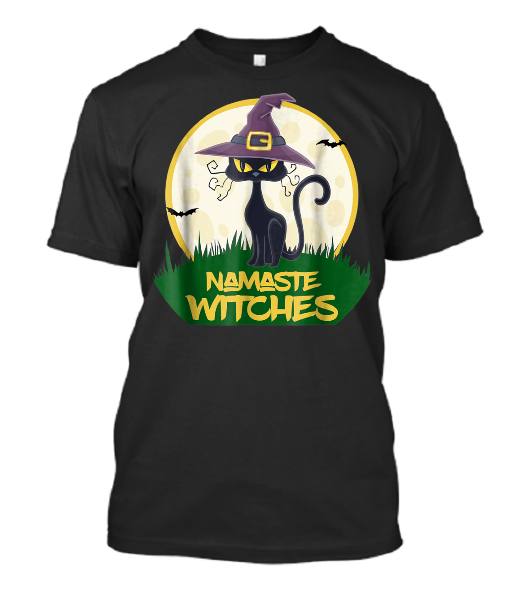Namaste Witches Evil Black Cat Halloween Moon Bats Scene T-Shirt
