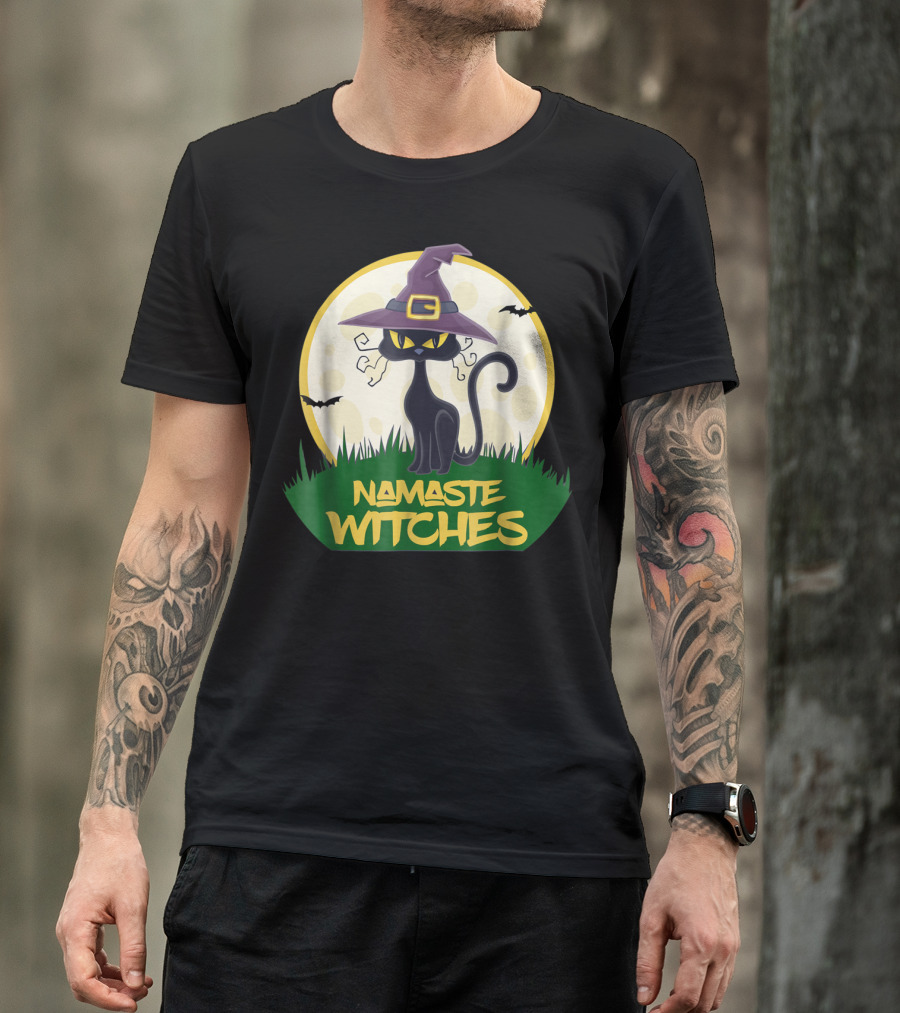 Namaste Witches Evil Black Cat Halloween Moon Bats Scene T-Shirt