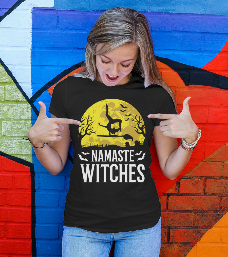 Namaste Witches Funny Yoga Halloween Moon Bats T-Shirt