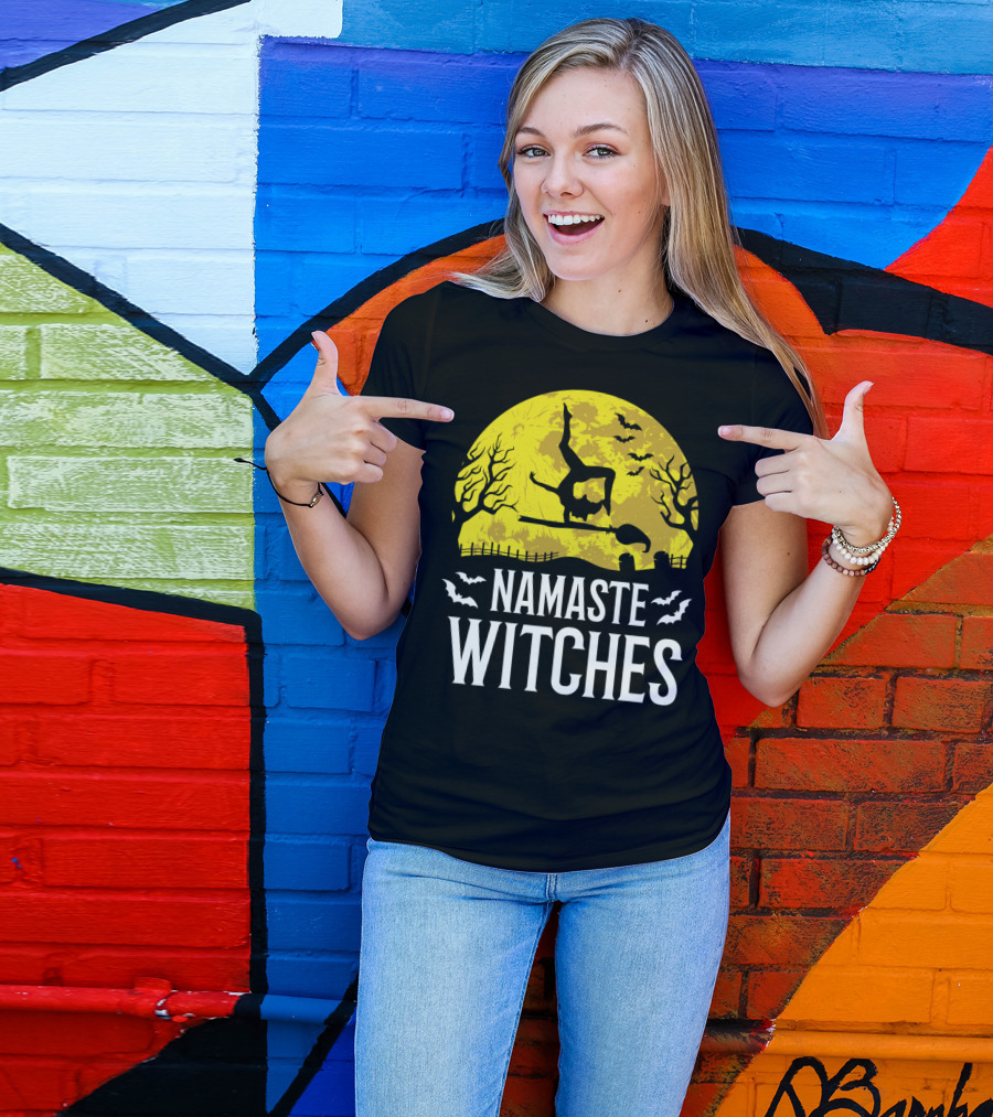 Namaste Witches Funny Yoga Halloween Moon Bats T-Shirt