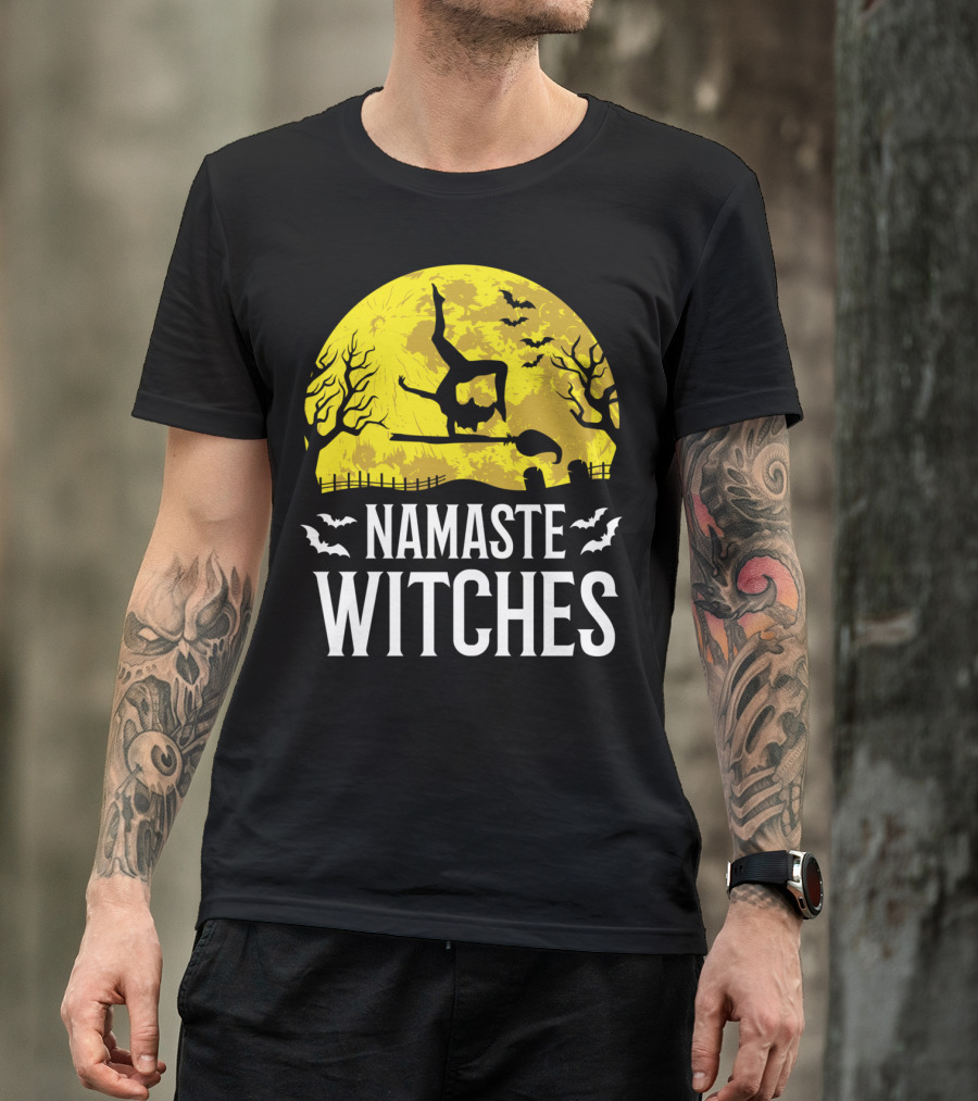 Namaste Witches Funny Yoga Halloween Moon Bats T-Shirt